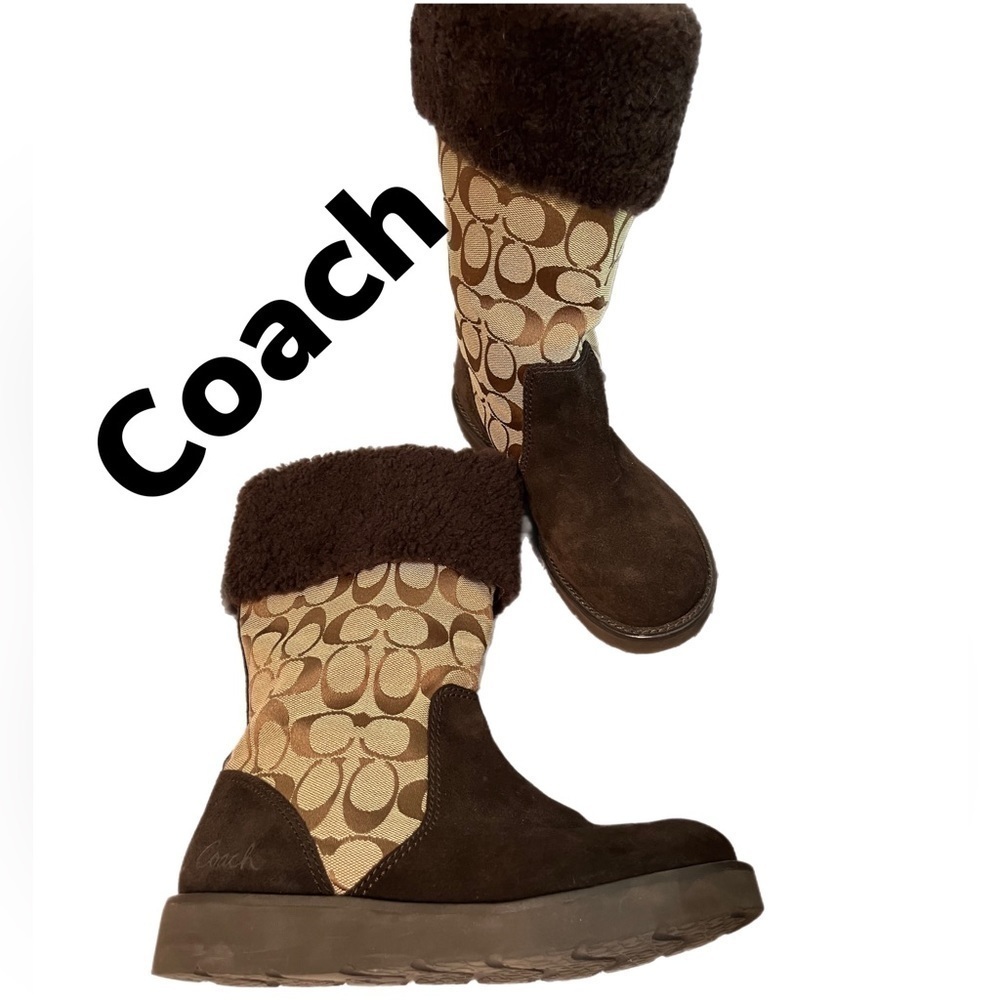 Coach logo Kally  beige & Chestnut boots suede accents fleece cuff  Sz 7B